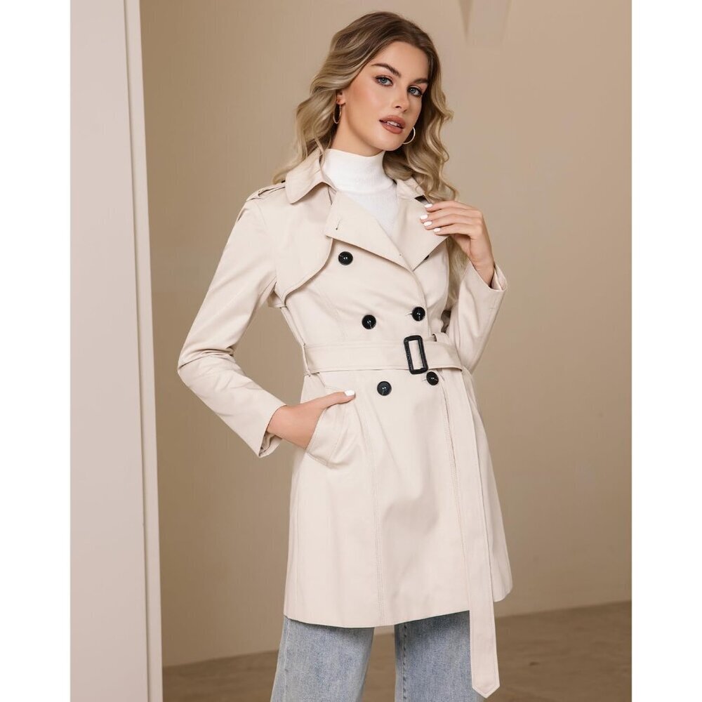 Women's Beige Trench Coat Classic Double Breasted Lapel Windbreak Midi Outerwear - Picture 6 of 6